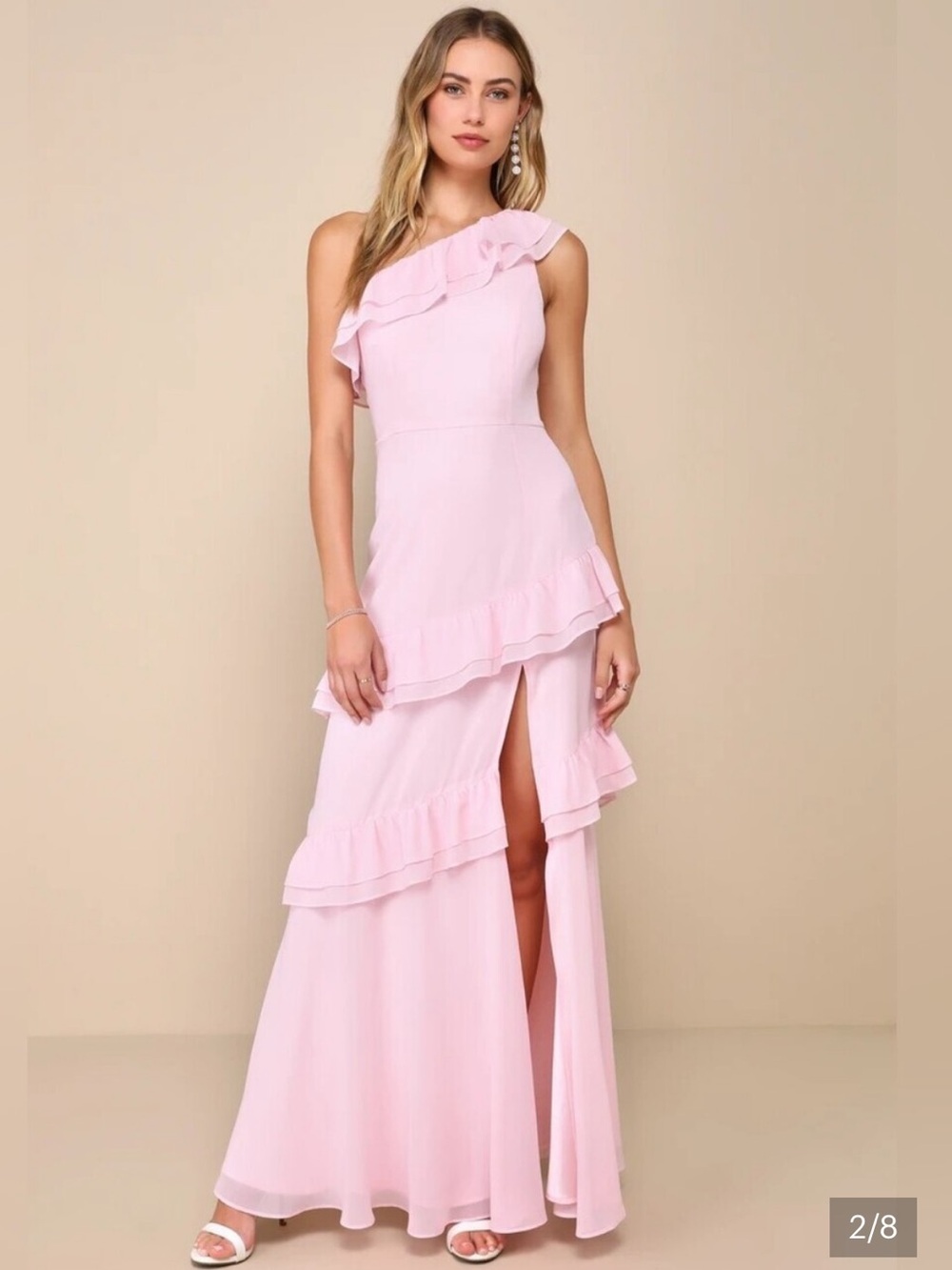 Lulu's NWT Pale Pink BRILLIANT GRACE One-Shoulder Ruffle FORMAL GOWN